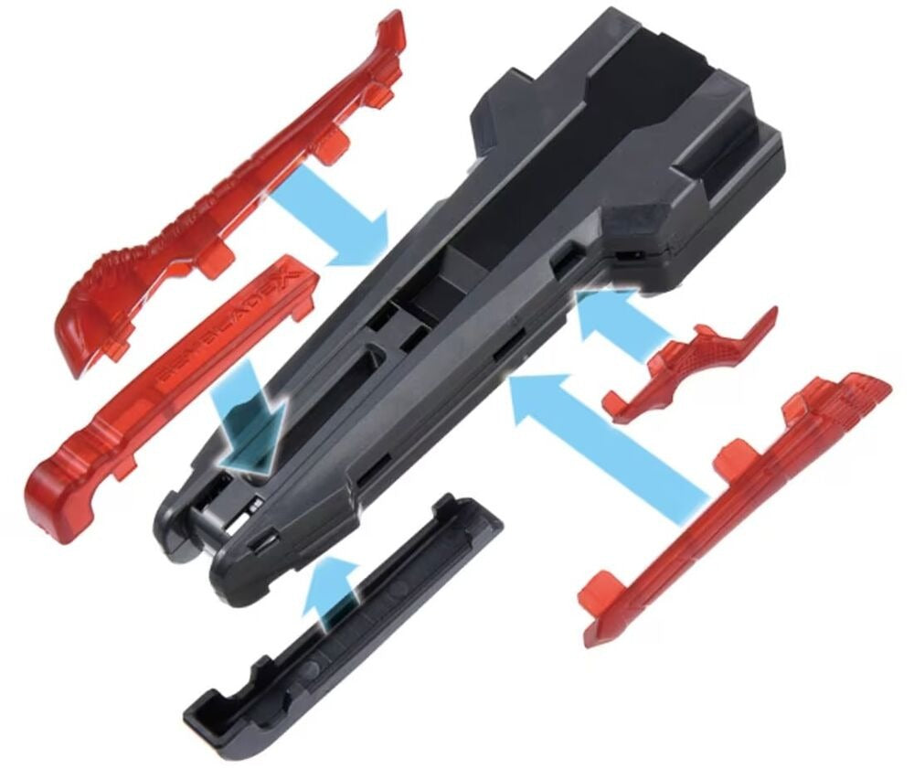 Vue éclatée de la Poignée Custom BX-41 : panneaux caoutchouc rouges et cache noir à clipser sur le grip