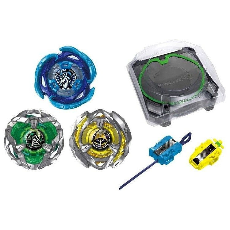 Contenu du All In One Set : Beystadium Xtreme, trois toupies Beyblade X et deux lanceurs
