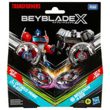 Emballage Beyblade X Transformers avec Optimus Prime 4-60P et Megatron 4-80B et les deux robots illustrés