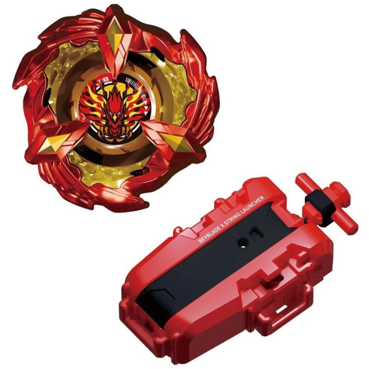 Toupie Phoenix Wing 9-60GF rouge vue de dessus, à côté de son lanceur à ficelle rouge