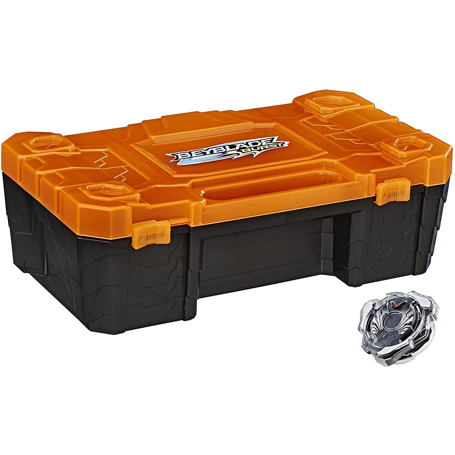 Mallette Beylocker fermée, coque orange et noire, posée à côté de la toupie Valtryek Wing Accel
